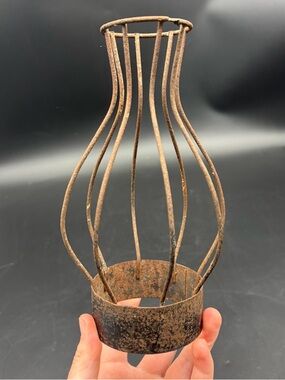 VTG Metal Wrought Iron Frame Light Shade Blown Glass Empty Cage Glass Working